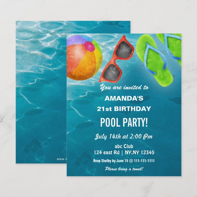 Budget Swimming Pool Party Birthday Invitation (Devant / Derrière)