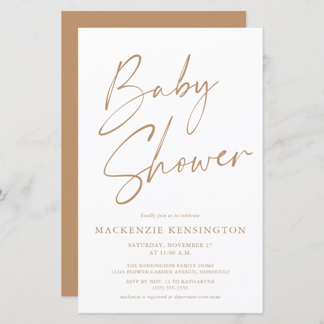Budget Tan Earth Tones Simple Script Baby shower (Devant / Derrière)