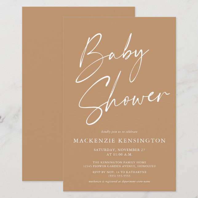 Budget Tan Earth Tones Simple Script Baby shower (Devant / Derrière)