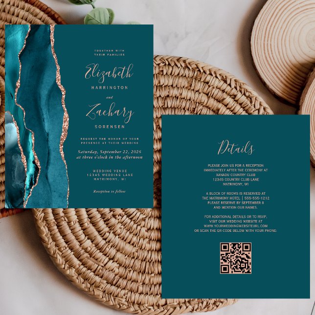 Budget Teal Agate Rose Gold QR Code Wedding Invite (Créateur téléchargé)