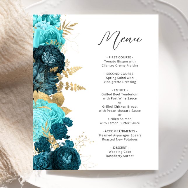 Budget Teal Aqua Gold Floral Script Wedding Menu (Créateur téléchargé)