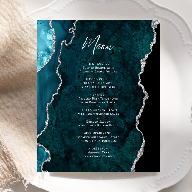 Budget Teal Blue Silver Agate Wedding Menu (Créateur téléchargé)