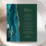 Budget Teal Gold Agate Emerald Green Wedding Menu<br><div class="desc">The left-hand edge of this elegant modern wedding menu features a teal blue watercolor agate border trimmed with faux gold glitter. The customizable text combines gold-colored handwriting script and copperplate fonts on an emerald green background. The reverse side features a matching teal and gold agate design.</div>