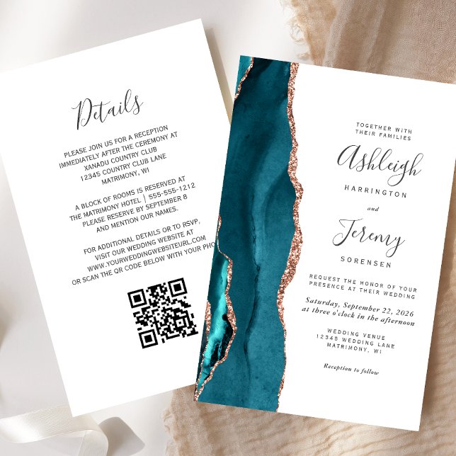 Budget Teal Rose Gold QR Code Wedding Invitation (Créateur téléchargé)