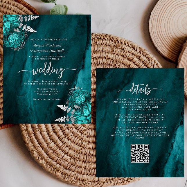Budget Teal Silver Floral QR Code Wedding Invite (Créateur téléchargé)