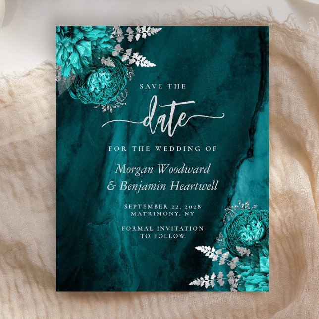 Budget Teal Silver Floral Wedding Save the Date (Créateur téléchargé)