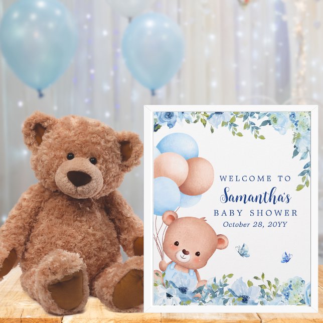 Budget Teddy Bear Balloon Baby shower Affiche de b (Teddy bear and balloons baby shower welcome sign for moms expecting a baby boy)