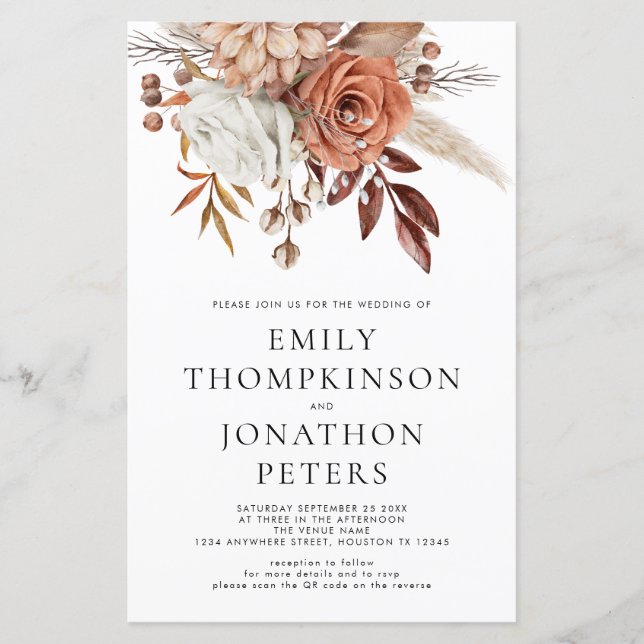 Budget Terracotta Florals Code Mariage Invitation (Devant)