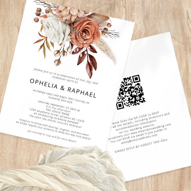 Budget Terracotta Florals QR Code Mariage de Bohêm (Front and back view)