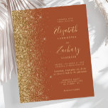 Budget Terracotta Gold Parties scintillant Faire-p<br><div class="desc">Le bord gauche de cette élégante faire-part de mariage moderne est orné d'une bordure de parties scintillant en faux or. Le texte personnalisable combine écriture manuscrite couleur or pâle, cuivre et polices italiques sur un arrière - plan en terre cuite. L'envers est assorti d'une parties scintillant en terre cuite et...</div>