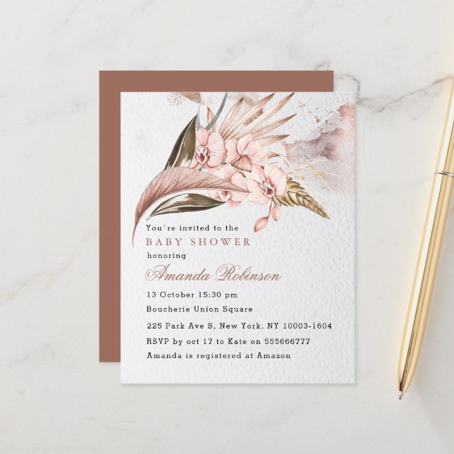 Budget Terracotta Pampas Baby shower Invitation (Devant/Arrière en situation)