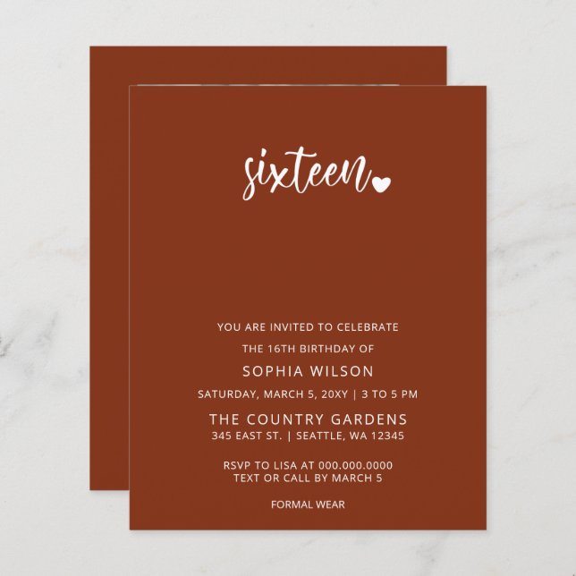 Budget Terracotta Script Sweet 16 Photo Invitation (Devant / Derrière)