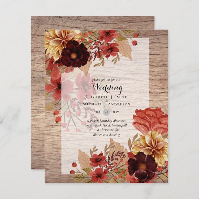 BUDGET TOMBE Floral Mariages Invitations - Dusky (Devant / Derrière)
