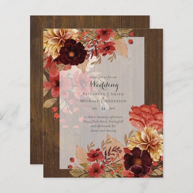 BUDGET TOMBE Floral Mariages Invitations - Dusky (Devant / Derrière)
