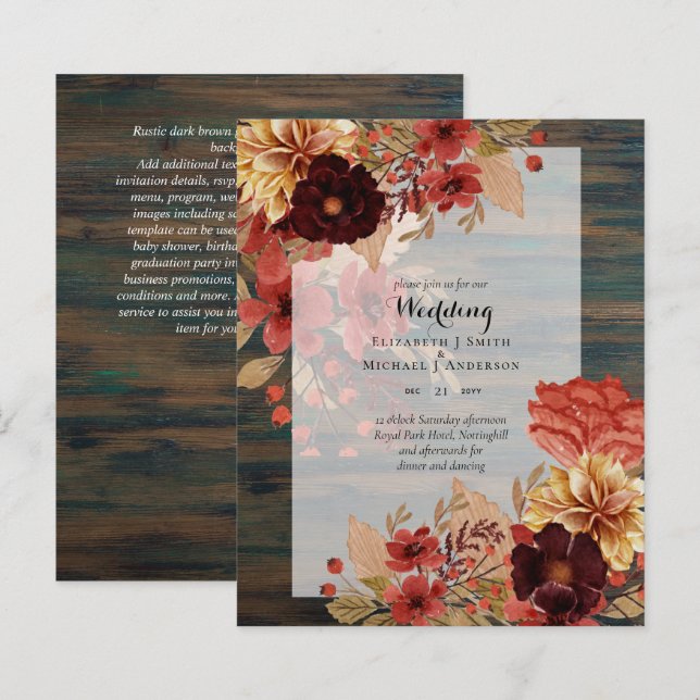 BUDGET TOMBE Floral Mariages Invitations - Dusky (Devant / Derrière)