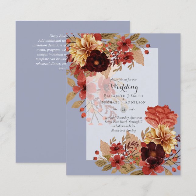 BUDGET TOMBE Floral Mariages Invitations - Dusky (Devant / Derrière)