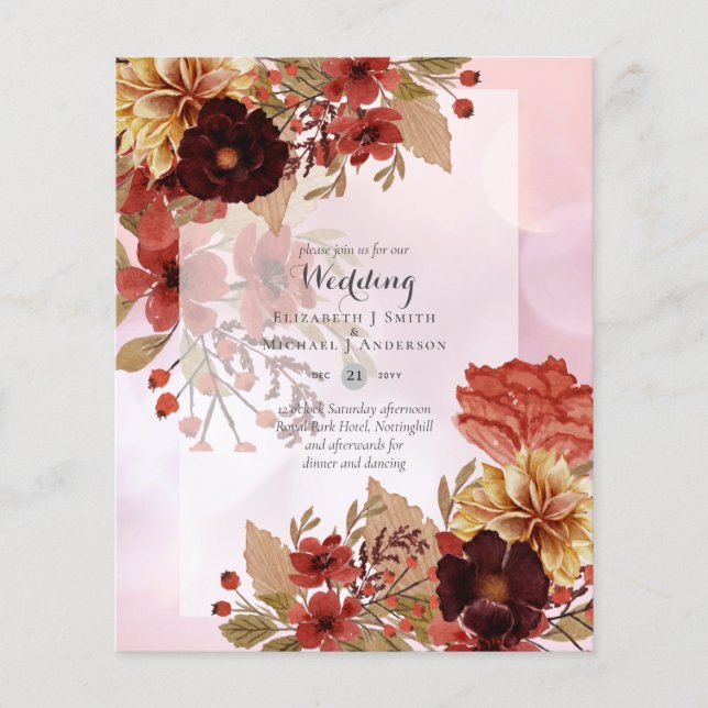 BUDGET TOMBE Floral Mariages Invitations - Dusky (Devant)