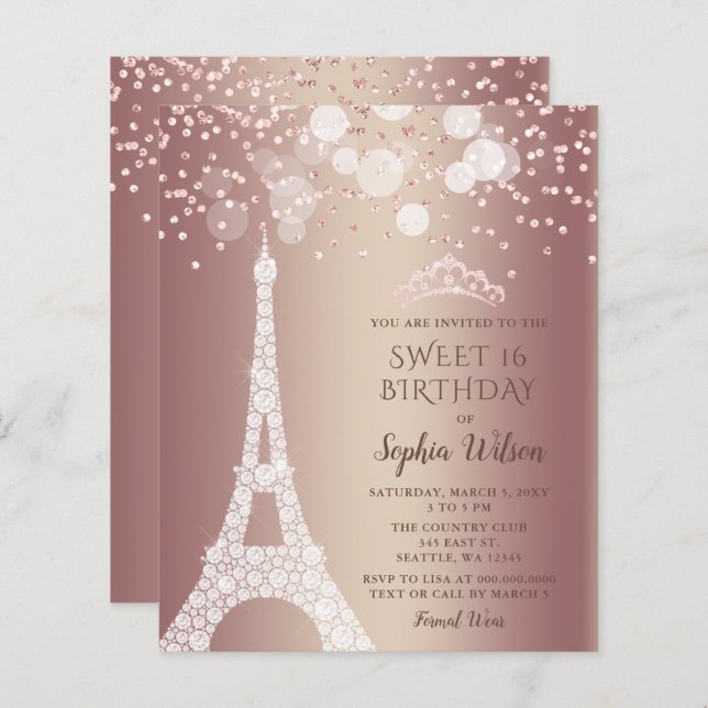 Budget Tour Eiffel Rose Gold Sweet 16 Invitation (Devant / Derrière)