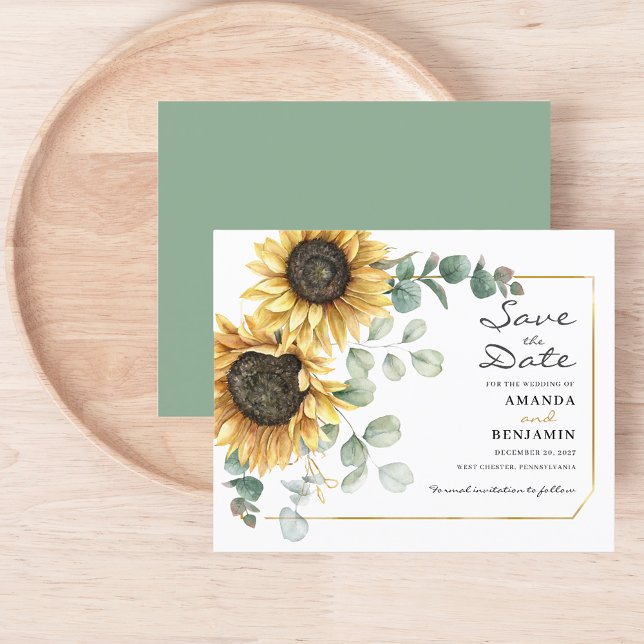 Budget Tournesol Eucalyptus Floral Enregistrer La  (Floral Sunflower Eucalyptus Wedding Save the Date Announcement)