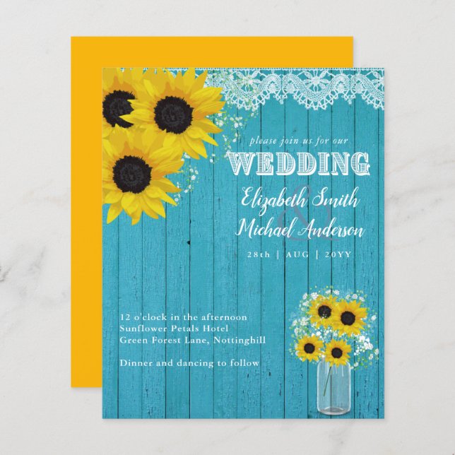 BUDGET Tournesol rustique Turquoise Mariage jaune  (Devant / Derrière)