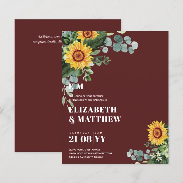BUDGET Tournesols Rustiques Mariage Texte Moderne (Devant / Derrière)