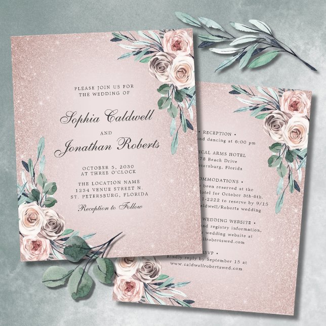 Budget tout en un Boho rose Roses Mariage Invitati (Budget Double Sided Wedding Invitation Boho Blush 
 Pink Roses Glitter Ombre)
