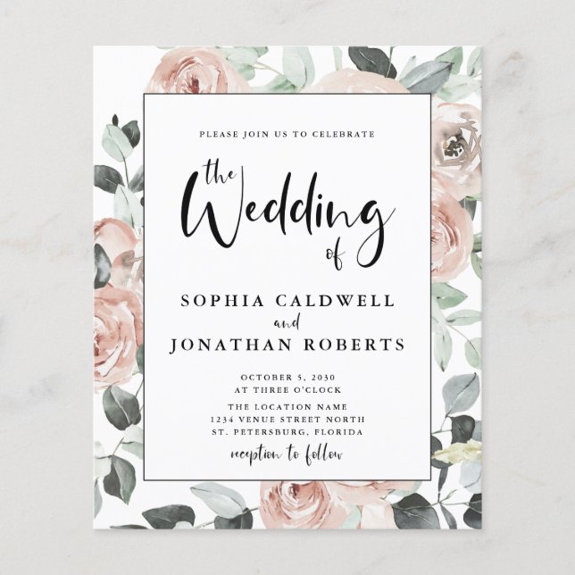 Budget Tout en un Calligraphie Roses Mariage Invit (Devant)