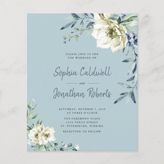 Budget tout en un Dusty Blue Floral Mariage Invite (Devant)