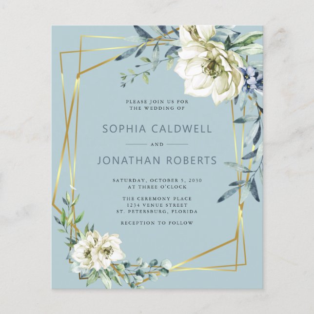 Budget tout en un Dusty Blue Floral Mariage Invite (Devant)