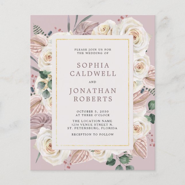 Budget tout en un Faire-part de mariage Roses blan (Devant)