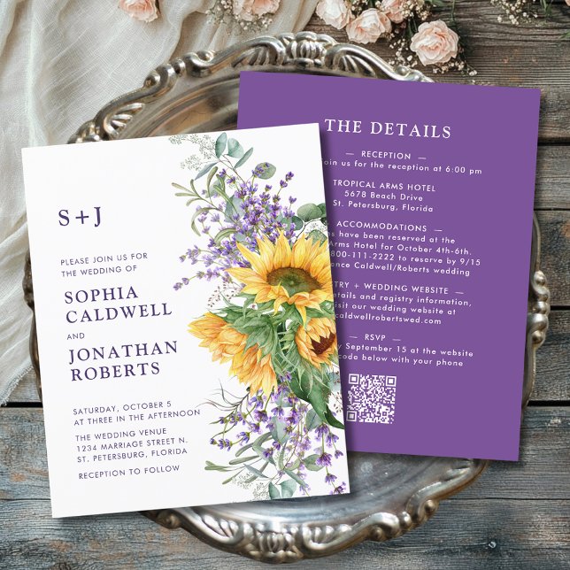 Budget tout en un Mariage de Lavande de tournesol (Budget All in One Sunflower and Lavender Monogram Wedding Invitation)