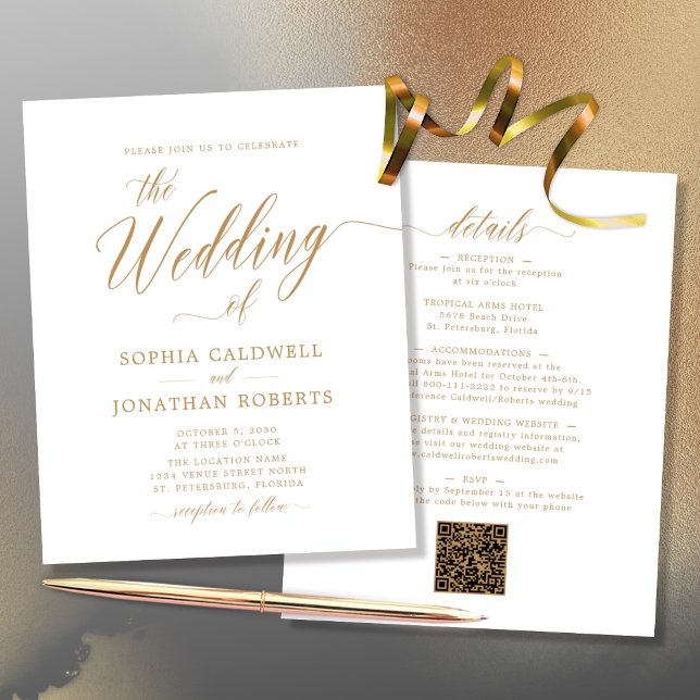 Budget Tout en un or Calligraphie Mariage Invitati (Budget All in One QR Code Gold Calligraphy Double Sided Wedding Invitation)