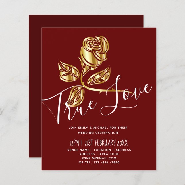 BUDGET Trending True Love Gold Rose Wedding Invite (Devant / Derrière)