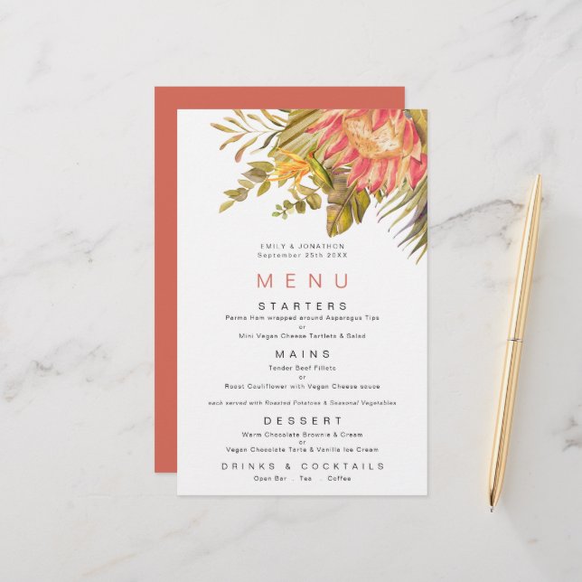 Budget Tropical Foliage Coral Menu Mariage (Devant/Arrière en situation)