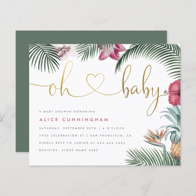 Budget Tropical Foliage Oh Baby Gold Baby shower (Devant / Derrière)