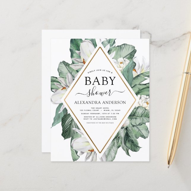 Budget Tropical Magnolia Baby shower Invitation (Devant/Arrière en situation)