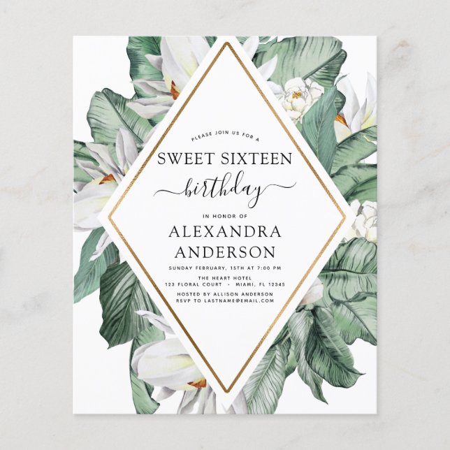 Budget tropical Magnolia Sweet 16 Invitation (Devant)