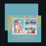 Budget Tropical Merry Christmas Photo Holiday Card<br><div class="desc">Petites cartes de Noël en papier de 4, 5 po x 5, 6 po avec frondes de palmiers tropicaux en faux or sur bleu turquoise, vos photos préférées et les noms sur ces cartes photos de vacances. Ces cartes photos de vacances abordables sont imprimés sur papier de 110 livres disponible...</div>