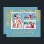 Budget Tropical Merry Christmas Photo Holiday Card<br><div class="desc">Petites cartes de Noël en papier de 4, 5 po x 5, 6 po avec frondes de palmiers tropicaux en faux or sur bleu turquoise, vos photos préférées et les noms sur ces cartes photos de vacances. Ces cartes photos de vacances abordables sont imprimés sur papier de 110 livres disponible...</div>