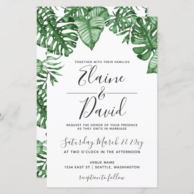 Budget Tropical Palm Green Faire-part de mariage (Devant / Derrière)