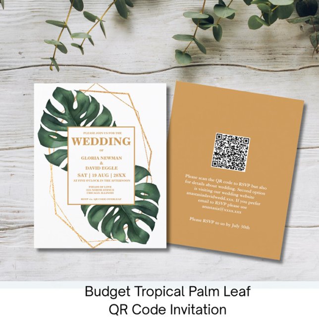 Budget Tropical Palm Leaf QR Code  Invitation (Créateur téléchargé)
