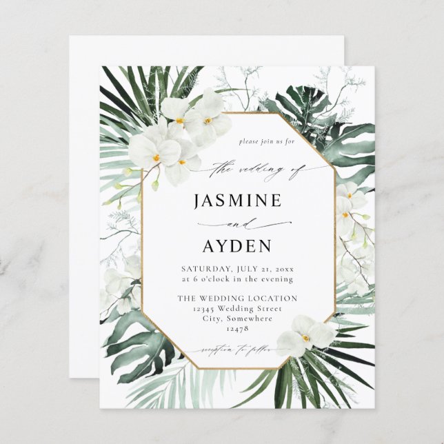 Budget Tropical Palm & White Floral Mariage (Devant / Derrière)