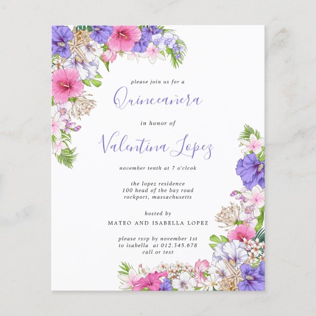 Budget Tropical Pink Purple Quinceanera Invitation (Devant)