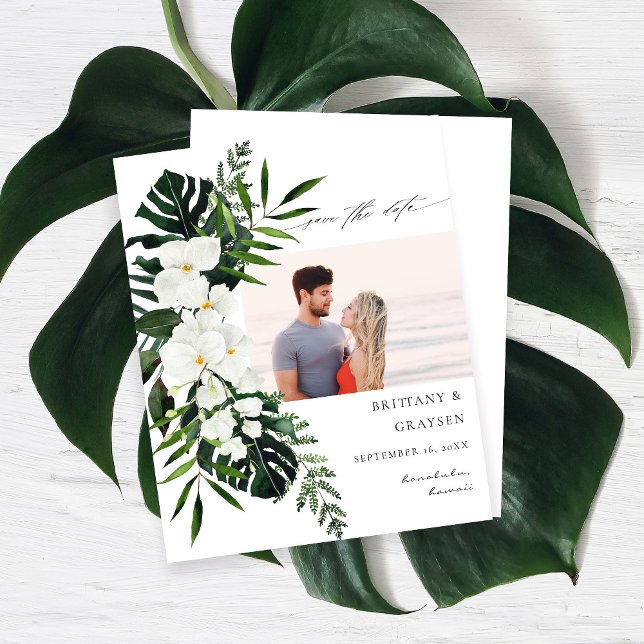 Budget Tropical White Floral Photo Save the Date (Créateur téléchargé)