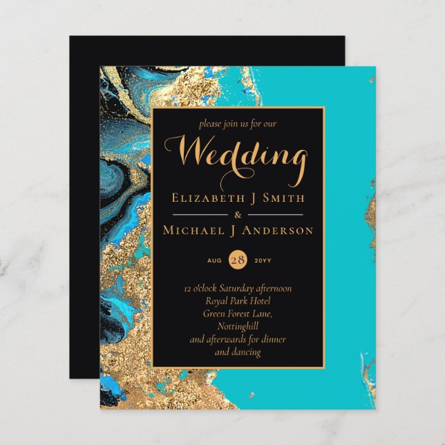 BUDGET Turquoise Aqua Gold Agate Mariage Invitatio (Devant / Derrière)