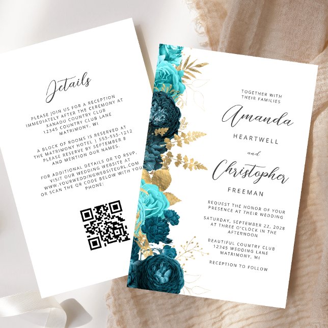 Budget Turquoise Aqua Gold Floral QR Code Mariage (Créateur téléchargé)