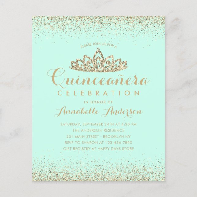 Budget Turquoise Aqua Gold Quinceañera Tiara Invit (Devant)
