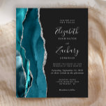 Budget Turquoise Argent Agate Dark Faire-part de m<br><div class="desc">Le bord gauche de cette élégante faire-part de mariage moderne est doté d'une bordure turquoise en aquarelle bleue ornée d'une parties scintillant en faux argent. Le texte personnalisable combine écriture manuscrite, copperplate et polices italiques en gris argenté sur un arrière - plan non noir. L'envers présente un design turquoise et...</div>