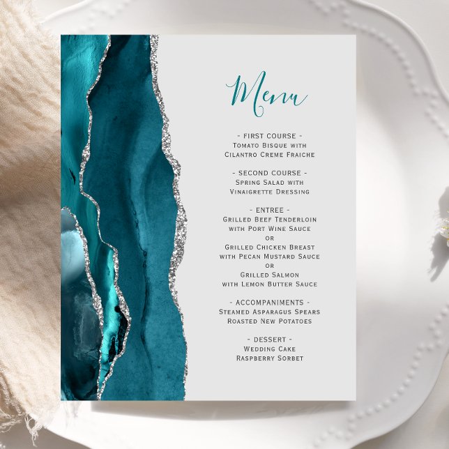 Budget Turquoise Argent Agate Gris Mariage Menu (Créateur téléchargé)