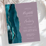 Budget Turquoise Blue Argent Agate Mauve Mariage I<br><div class="desc">Le bord gauche de cette élégante faire-part de mariage moderne est doté d'une bordure turquoise en aquarelle bleue ornée d'une parties scintillant en faux argent. Le texte personnalisable combine écriture manuscrite blanche,  copperplate et polices italiques sur un arrière - plan mauve. L'envers présente un design turquoise et argenté assorti.</div>